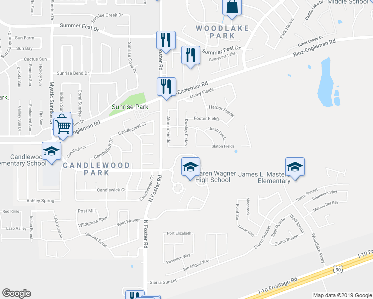 map of restaurants, bars, coffee shops, grocery stores, and more near 6650 Hartnet Fields in Converse