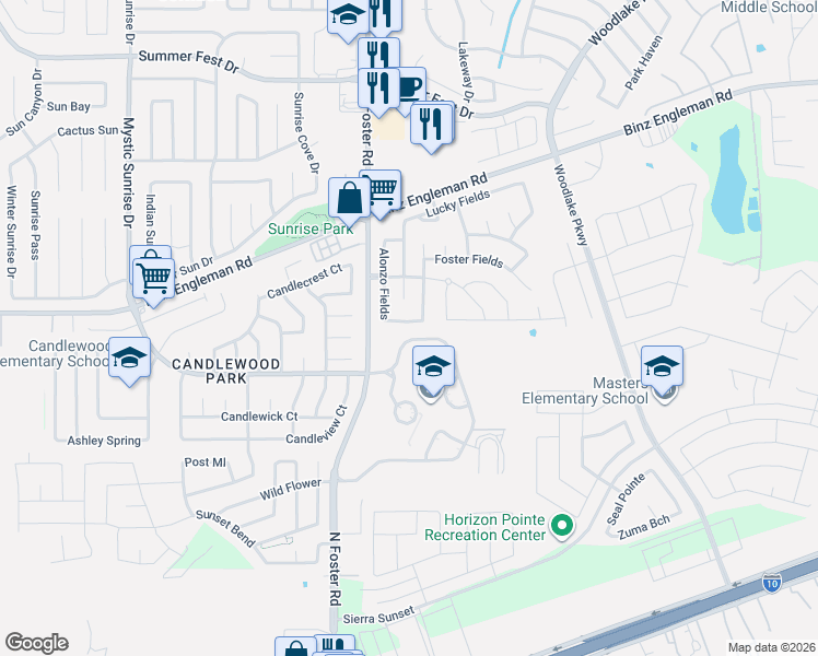 map of restaurants, bars, coffee shops, grocery stores, and more near 6634 Hartnet Fields in Converse