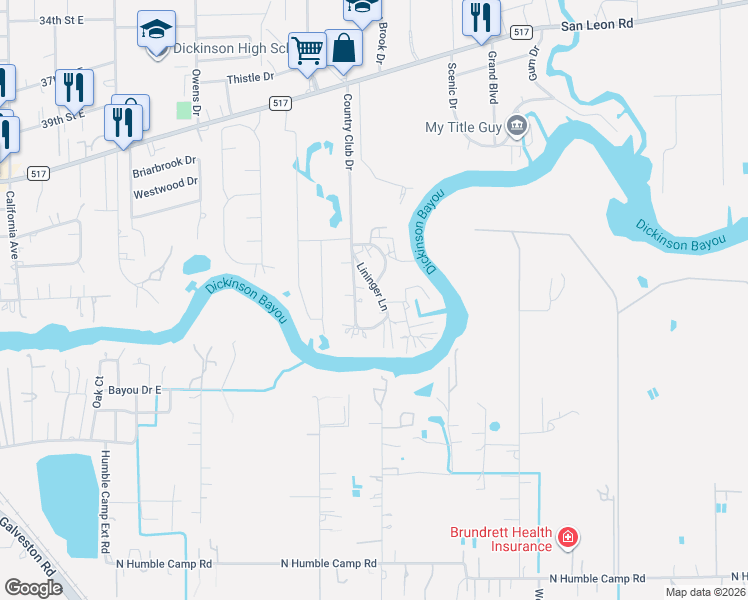 map of restaurants, bars, coffee shops, grocery stores, and more near 4511 Country Club Drive in Dickinson