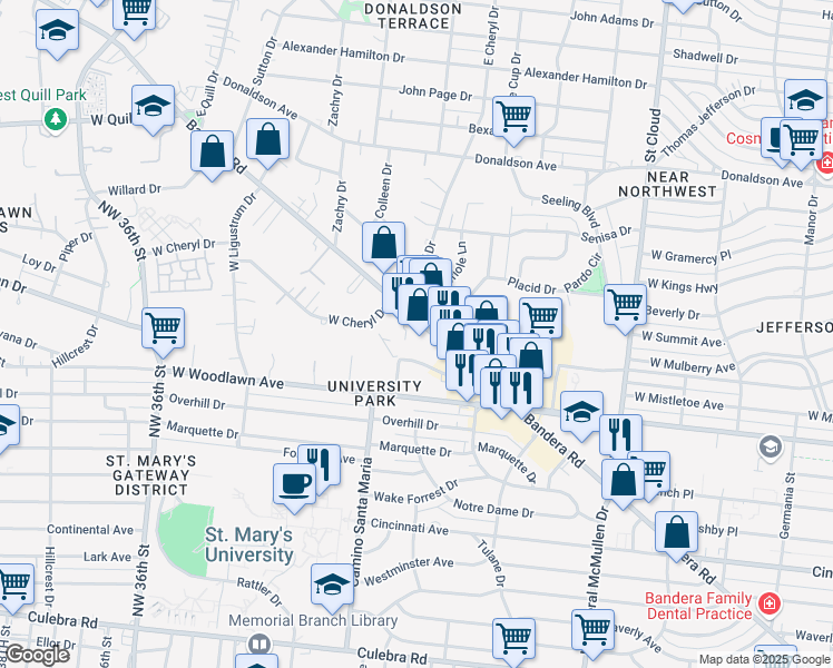 map of restaurants, bars, coffee shops, grocery stores, and more near 1030 Bandera Road in San Antonio