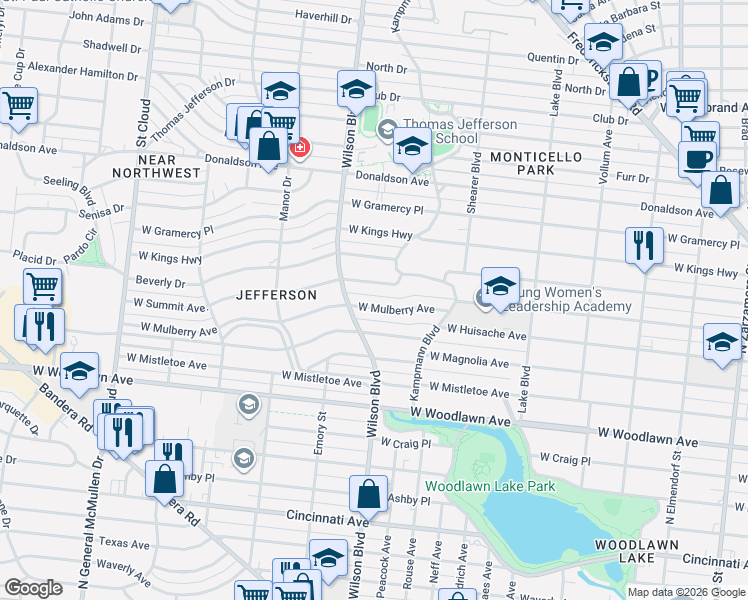 map of restaurants, bars, coffee shops, grocery stores, and more near 2375 West Mulberry Avenue in San Antonio