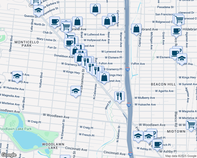 map of restaurants, bars, coffee shops, grocery stores, and more near 1531 West Kings Highway in San Antonio