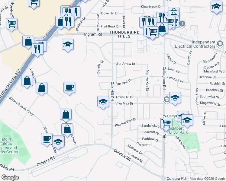 map of restaurants, bars, coffee shops, grocery stores, and more near 2400 Oakhill Rd in San Antonio