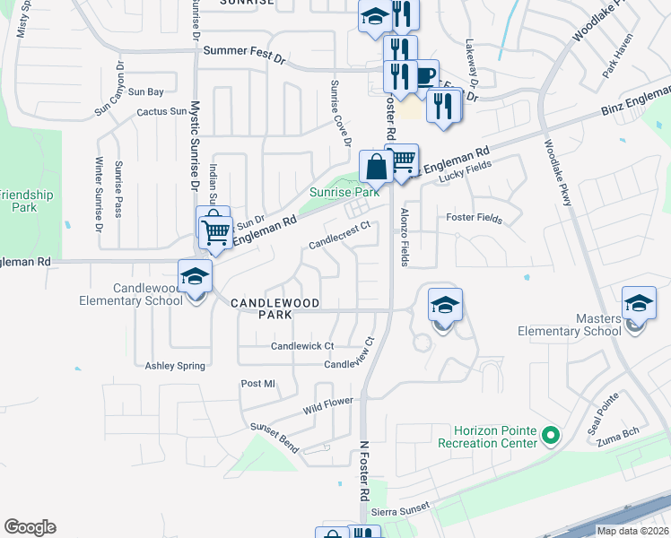 map of restaurants, bars, coffee shops, grocery stores, and more near 3829 Candlecrown Court in San Antonio