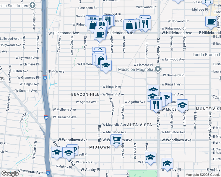 map of restaurants, bars, coffee shops, grocery stores, and more near 807 West Kings Highway in San Antonio
