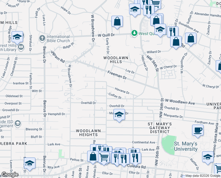 map of restaurants, bars, coffee shops, grocery stores, and more near 247 Havana Drive in San Antonio