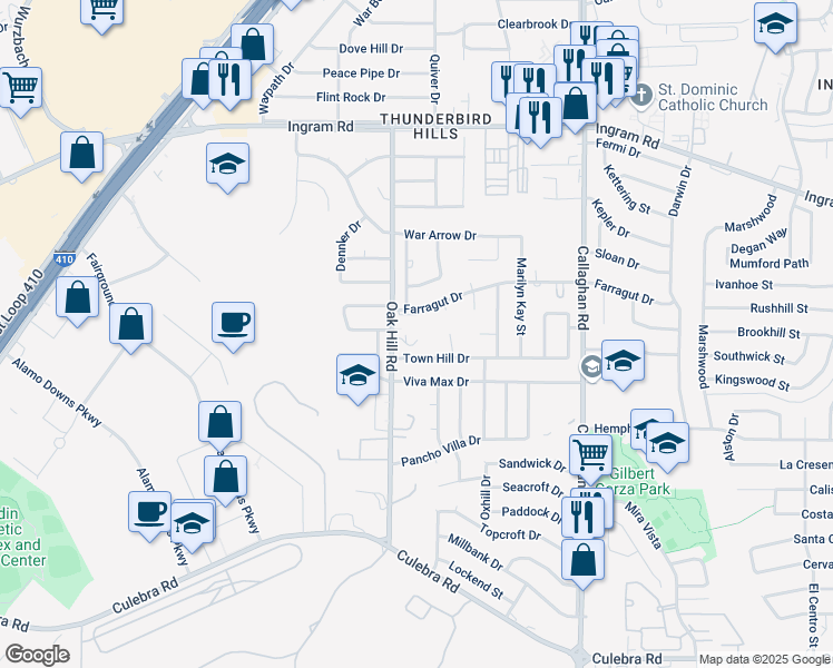 map of restaurants, bars, coffee shops, grocery stores, and more near 2400 Oak Hill Road in San Antonio