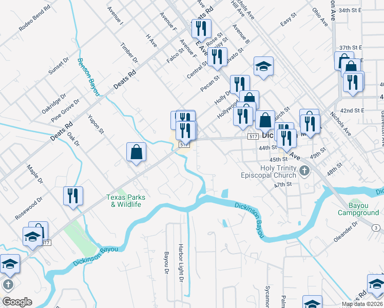 map of restaurants, bars, coffee shops, grocery stores, and more near 2208 Farm to Market Road 517 in Dickinson