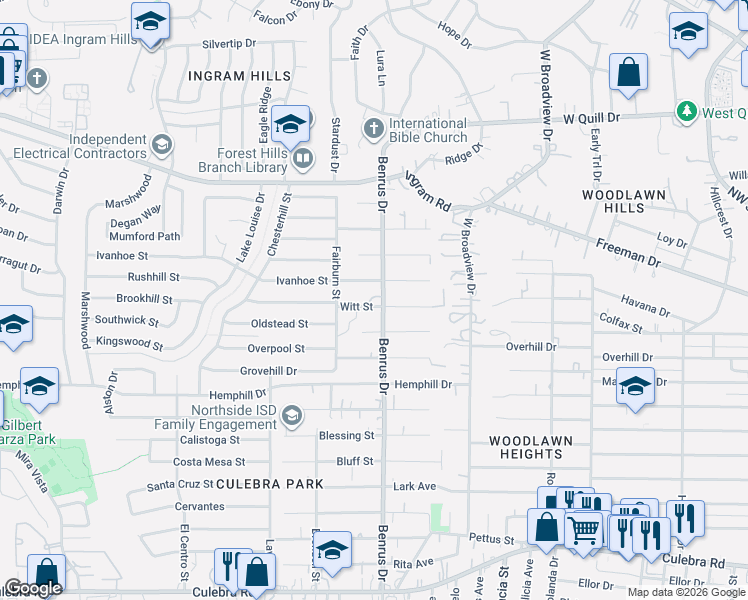 map of restaurants, bars, coffee shops, grocery stores, and more near 5022 Ivanhoe Street in San Antonio