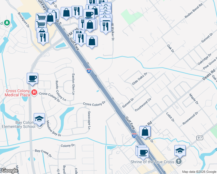 map of restaurants, bars, coffee shops, grocery stores, and more near 2501 Gulf Freeway in Dickinson