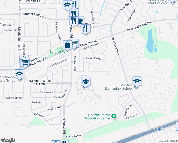 map of restaurants, bars, coffee shops, grocery stores, and more near 6706 Slaton Fields in Converse