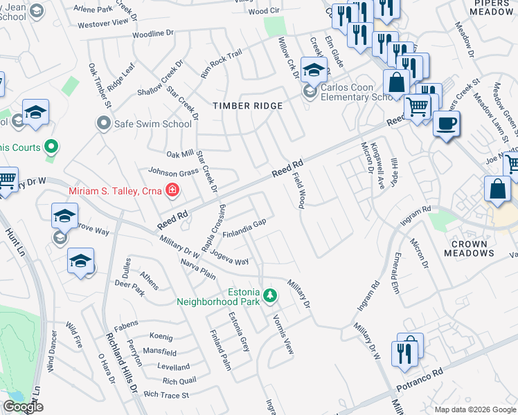 map of restaurants, bars, coffee shops, grocery stores, and more near 2339 Elva Forest in San Antonio