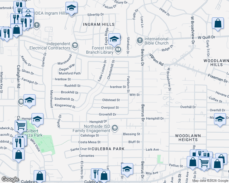 map of restaurants, bars, coffee shops, grocery stores, and more near 5202 Ivanhoe Street in San Antonio