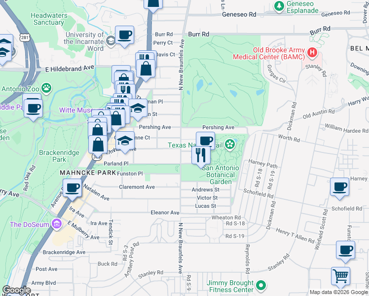 map of restaurants, bars, coffee shops, grocery stores, and more near 520 Queen Anne Court in San Antonio