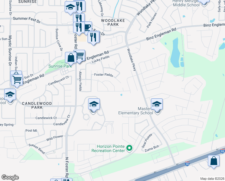 map of restaurants, bars, coffee shops, grocery stores, and more near 3310 Uresti Fields in Converse