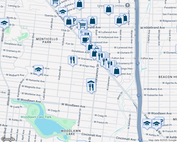 map of restaurants, bars, coffee shops, grocery stores, and more near 1738 West Kings Highway in San Antonio