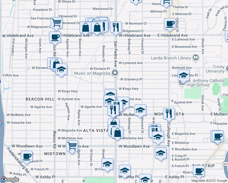map of restaurants, bars, coffee shops, grocery stores, and more near 2551 San Pedro Avenue in San Antonio