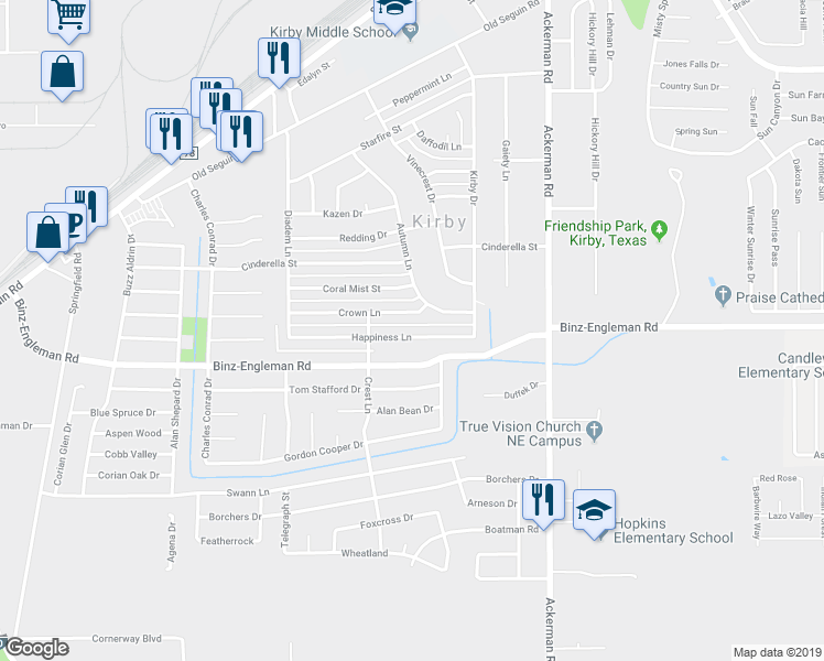 map of restaurants, bars, coffee shops, grocery stores, and more near 5311 Happiness Lane in San Antonio