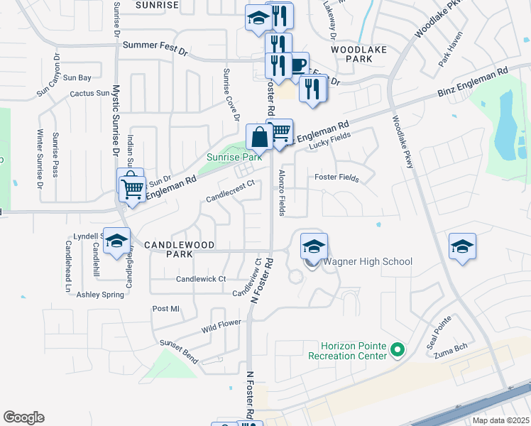 map of restaurants, bars, coffee shops, grocery stores, and more near 6534 Candledim Circle in San Antonio