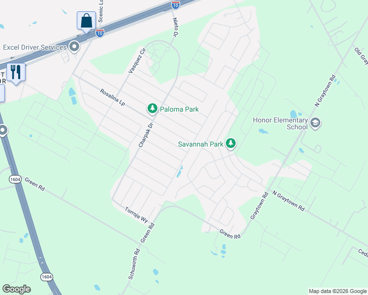 map of restaurants, bars, coffee shops, grocery stores, and more near 10764 Rosalina Loop in Converse