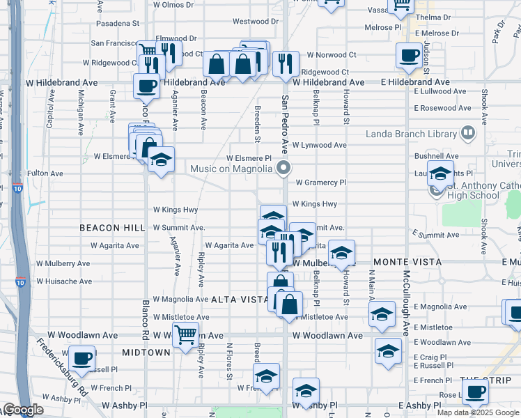 map of restaurants, bars, coffee shops, grocery stores, and more near 431 West Kings Highway in San Antonio
