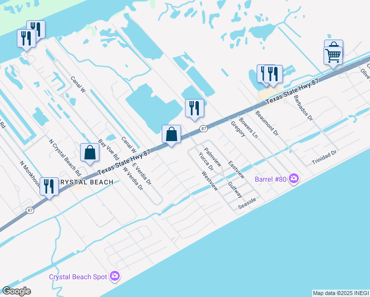 map of restaurants, bars, coffee shops, grocery stores, and more near 2023 Flamingo Road in Bolivar Peninsula