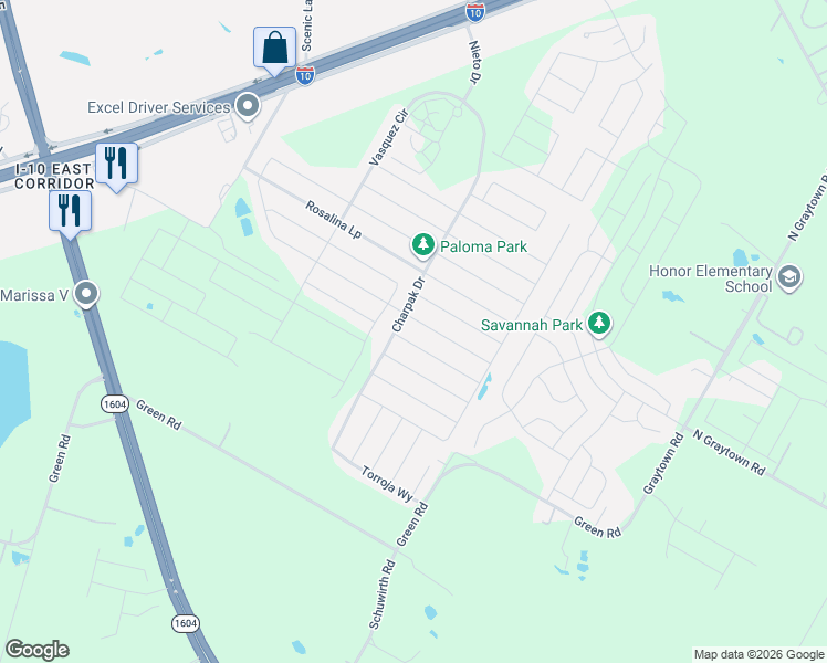 map of restaurants, bars, coffee shops, grocery stores, and more near 10641 Green Road in Converse