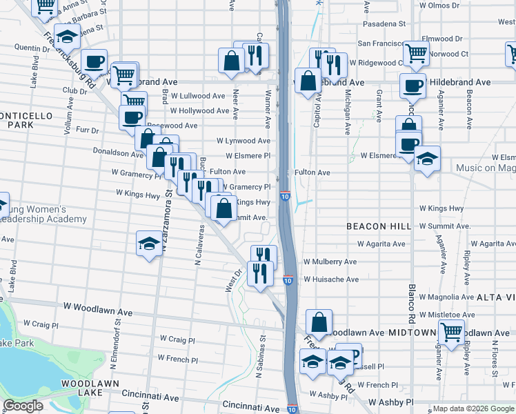 map of restaurants, bars, coffee shops, grocery stores, and more near 1401 West Kings Highway in San Antonio