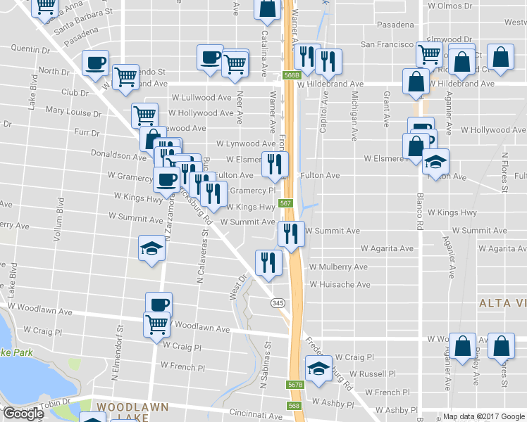 map of restaurants, bars, coffee shops, grocery stores, and more near 1401 West Kings Highway in San Antonio