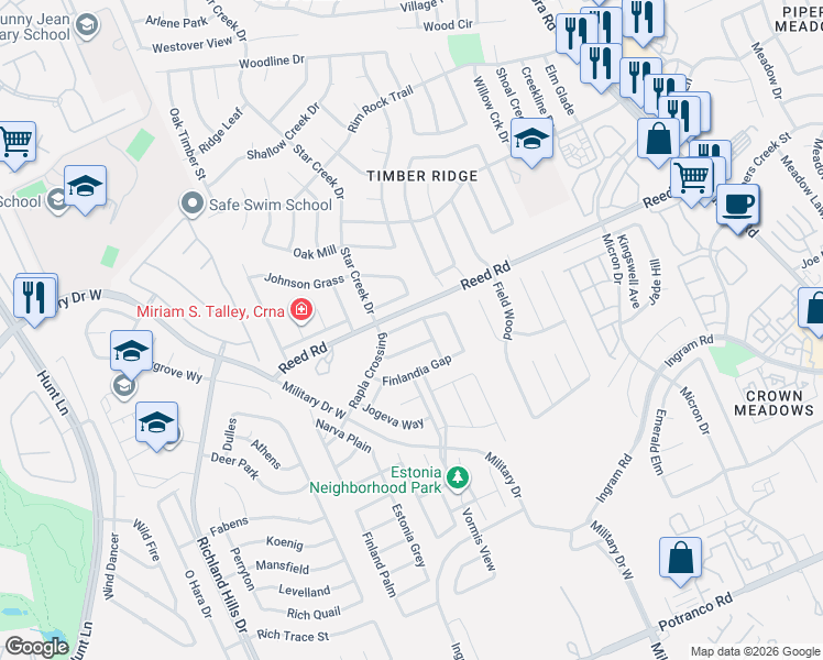 map of restaurants, bars, coffee shops, grocery stores, and more near 8619 Lahemaa Falls in San Antonio