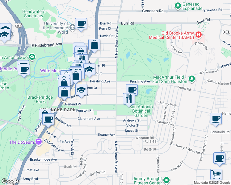 map of restaurants, bars, coffee shops, grocery stores, and more near 434 Queen Anne Court in San Antonio