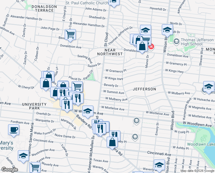 map of restaurants, bars, coffee shops, grocery stores, and more near 435 Beverly Drive in San Antonio