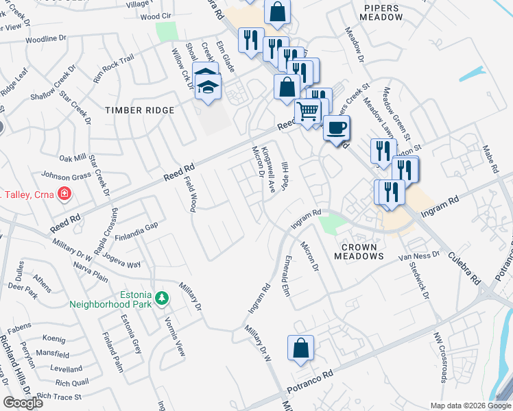 map of restaurants, bars, coffee shops, grocery stores, and more near 7715 Crown Gate Drive in San Antonio