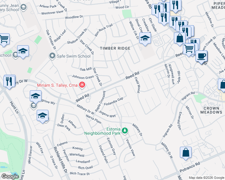 map of restaurants, bars, coffee shops, grocery stores, and more near 8619 Lahemaa Falls in San Antonio