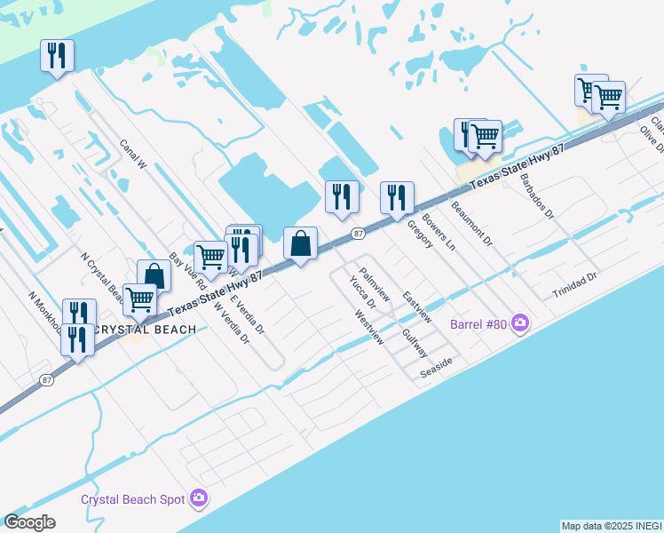 map of restaurants, bars, coffee shops, grocery stores, and more near 2023 Flamingo Road in Bolivar Peninsula