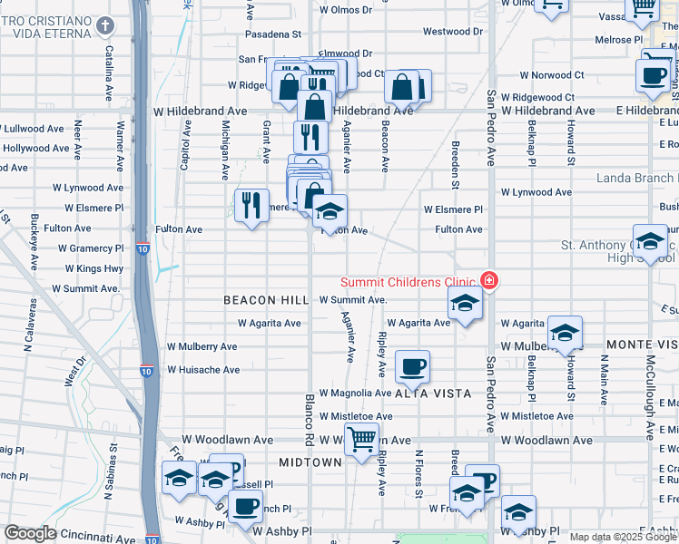 map of restaurants, bars, coffee shops, grocery stores, and more near 807 West Kings Highway in San Antonio