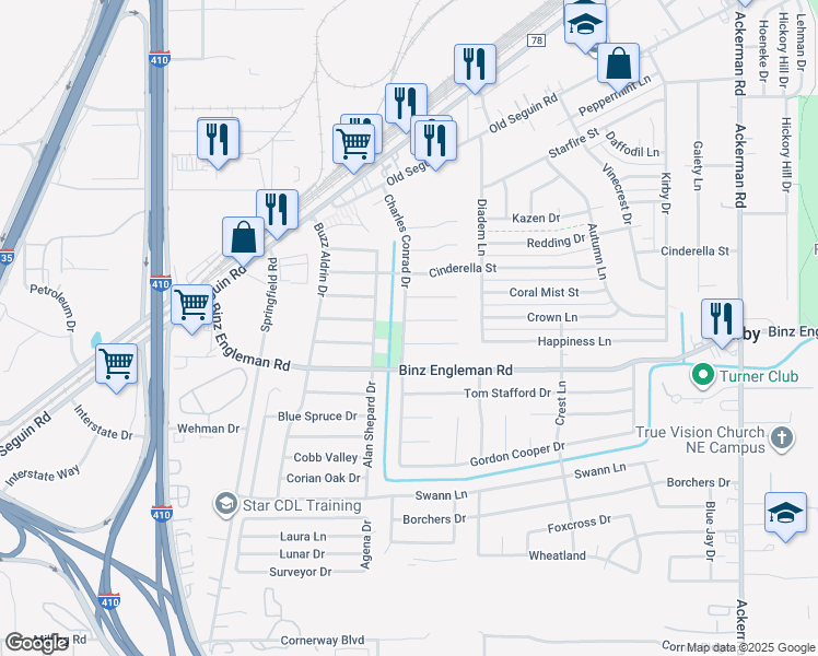 map of restaurants, bars, coffee shops, grocery stores, and more near 5006 Frank Borman Drive in San Antonio