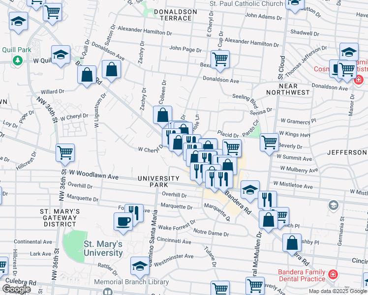 map of restaurants, bars, coffee shops, grocery stores, and more near 1030 Bandera Road in San Antonio