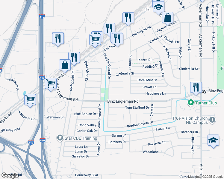 map of restaurants, bars, coffee shops, grocery stores, and more near 5006 Frank Borman Drive in San Antonio