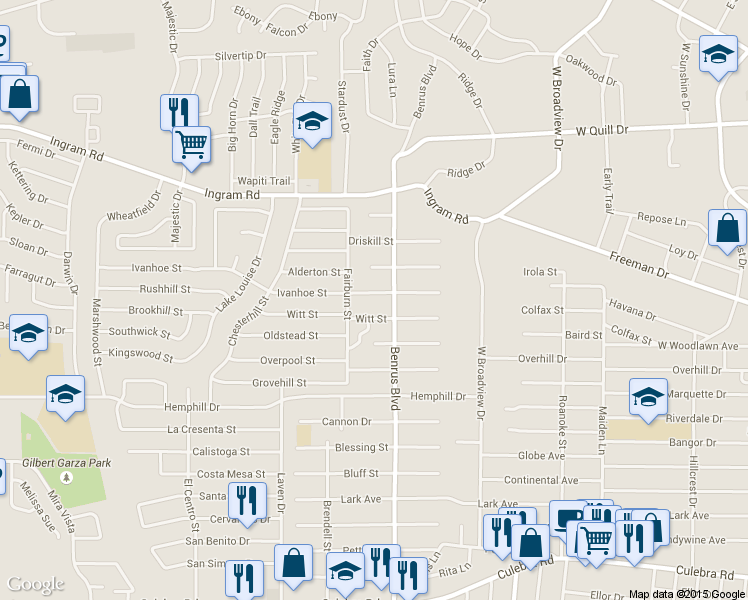 map of restaurants, bars, coffee shops, grocery stores, and more near 5022 Ivanhoe Street in San Antonio