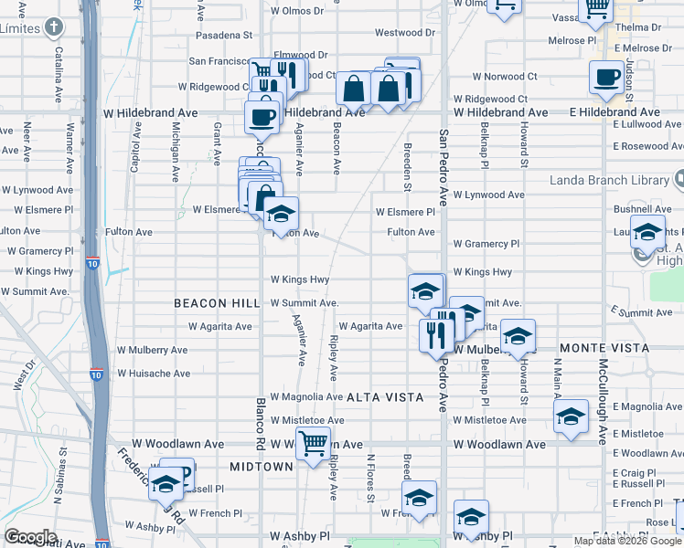 map of restaurants, bars, coffee shops, grocery stores, and more near 619 West Kings Highway in San Antonio
