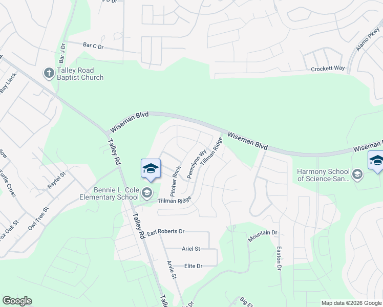 map of restaurants, bars, coffee shops, grocery stores, and more near 2457 Pennilynn Way in San Antonio