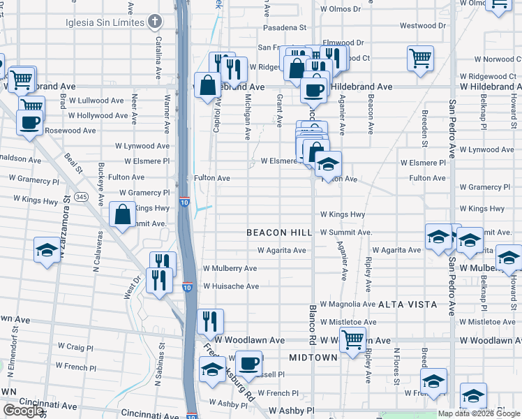 map of restaurants, bars, coffee shops, grocery stores, and more near 1027 West Kings Highway in San Antonio