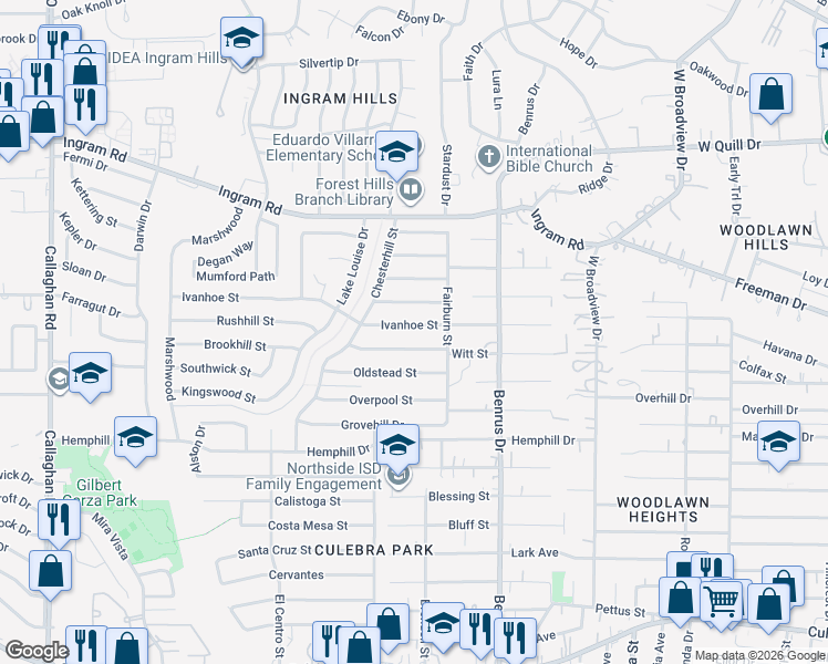 map of restaurants, bars, coffee shops, grocery stores, and more near 5202 Ivanhoe Street in San Antonio