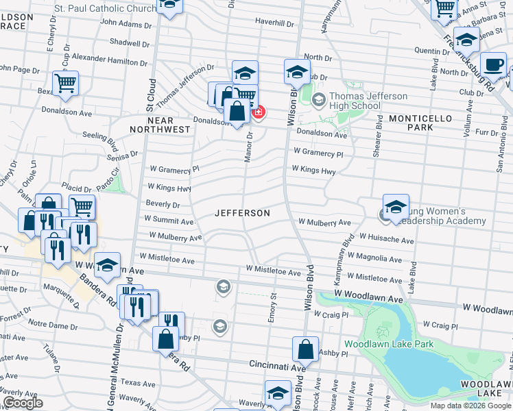 map of restaurants, bars, coffee shops, grocery stores, and more near 2431 West Summit in San Antonio