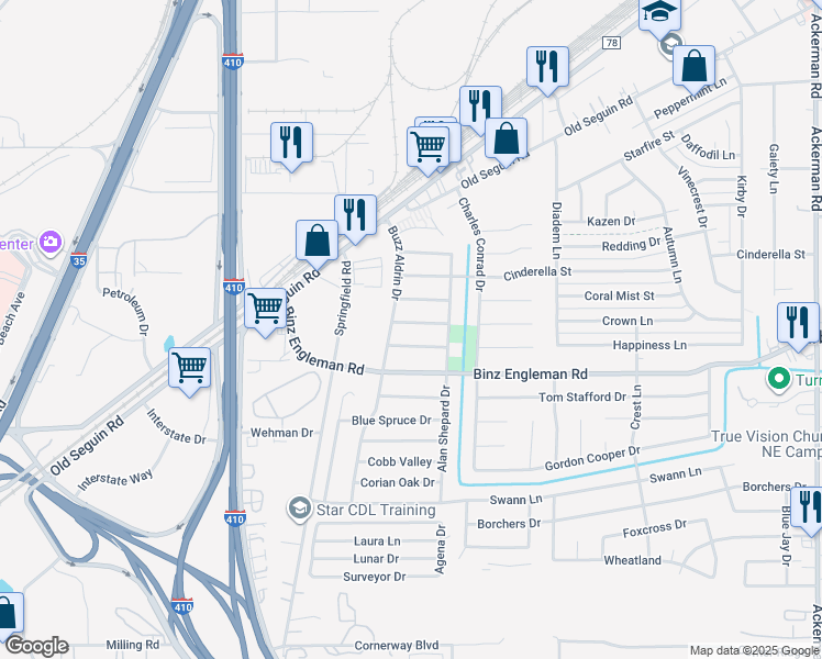 map of restaurants, bars, coffee shops, grocery stores, and more near 4818 Michael Collins Drive in Kirby