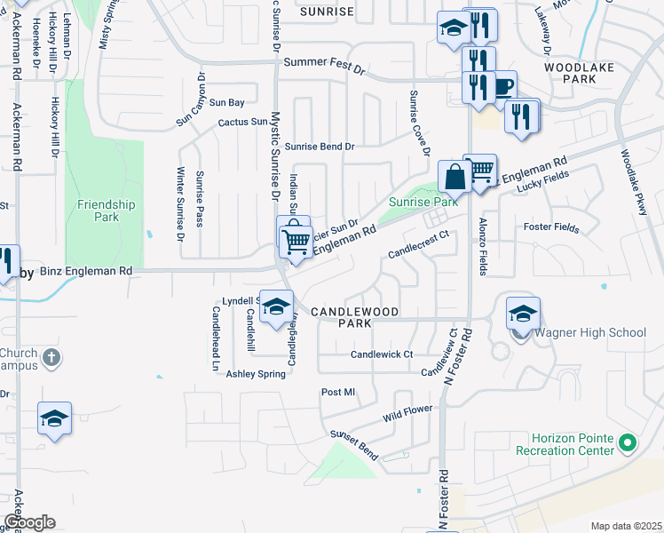 map of restaurants, bars, coffee shops, grocery stores, and more near 3815 Candleglenn in San Antonio