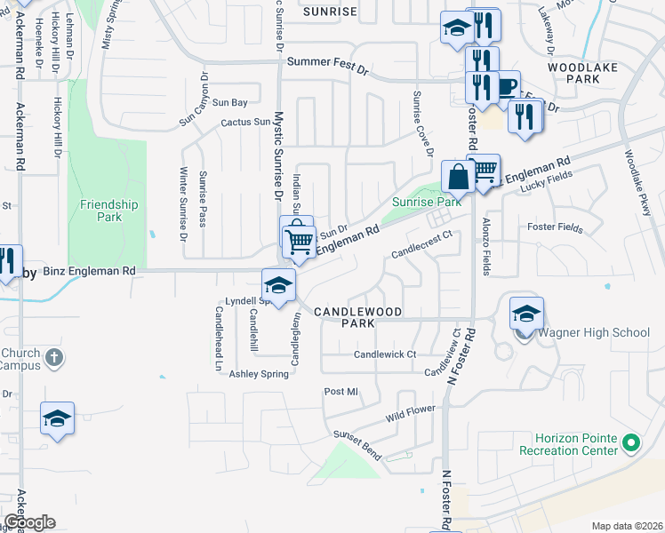 map of restaurants, bars, coffee shops, grocery stores, and more near 3815 Candleglenn in San Antonio
