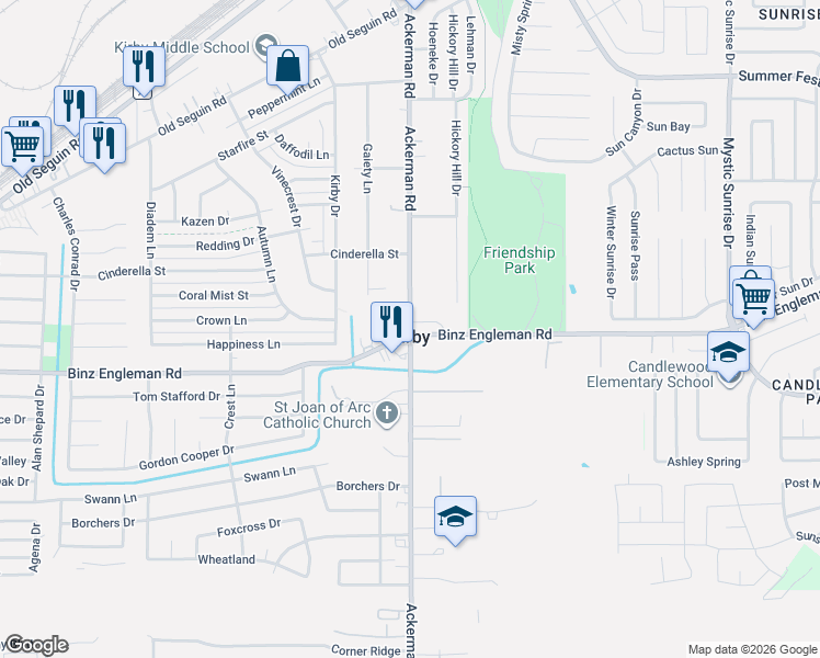 map of restaurants, bars, coffee shops, grocery stores, and more near in Kirby