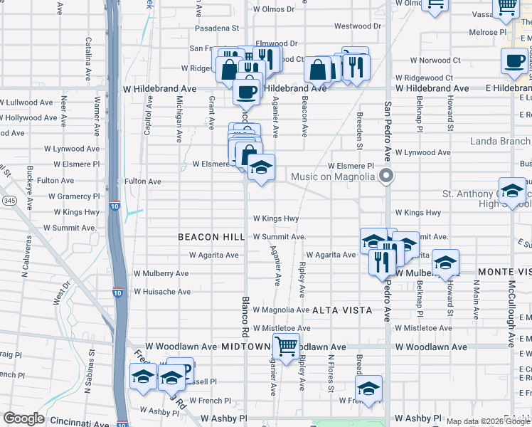 map of restaurants, bars, coffee shops, grocery stores, and more near 807 West Kings Highway in San Antonio